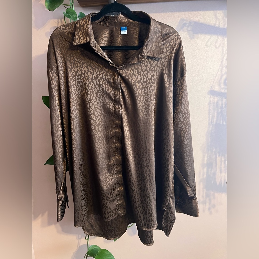 Old Navy Brown Animal Print Satin Blouse